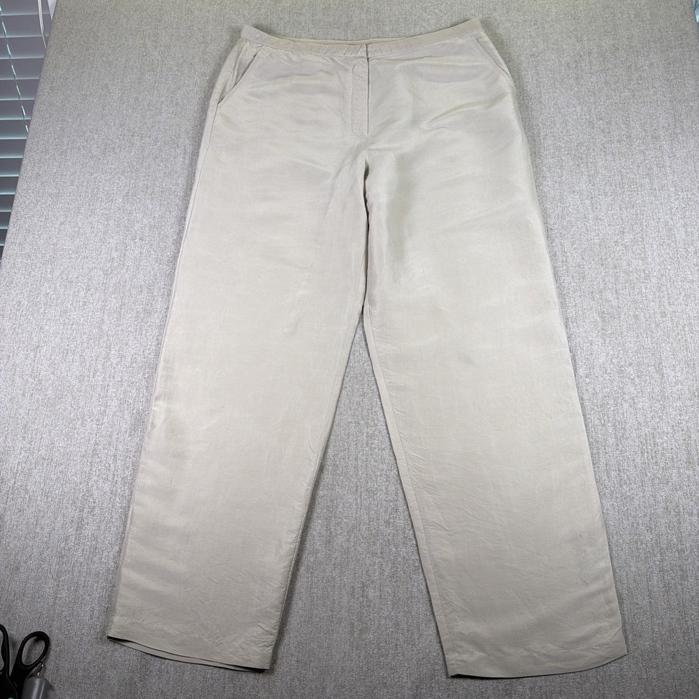 EILEEN FISHER Straight Pants Pebble Women's L 100% Silk Beige Minimalist Capsule